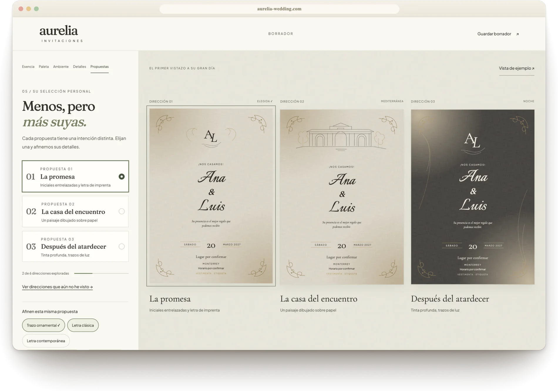 Estudio de invitaciones con tres propuestas de Ana y Luis