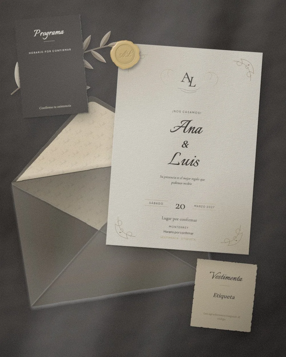 Invitación con sobre, sello de cera y tarjetas