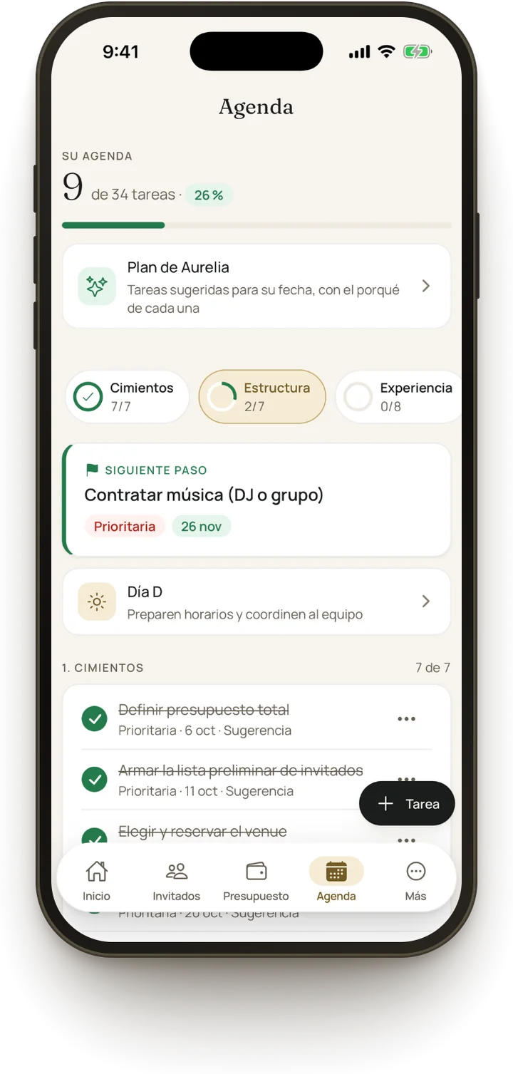 La agenda en la app: siguiente paso y avance por fase